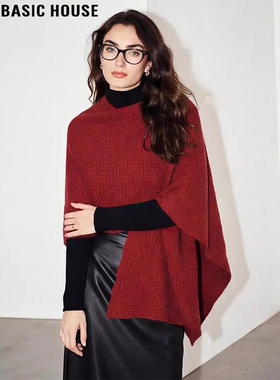 Basic House/百家好新年战袍红色针织衫女冬季设计感100%羊毛披肩