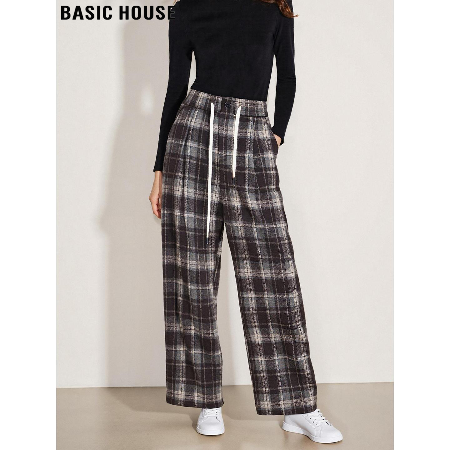 Basic House/百家好复古格子加绒加厚阔腿裤女冬季休闲垂感直筒裤