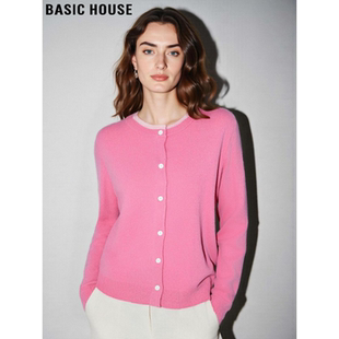 Basic House/百家好100%羊毛假两件针织开衫女冬季法式单排扣毛衣