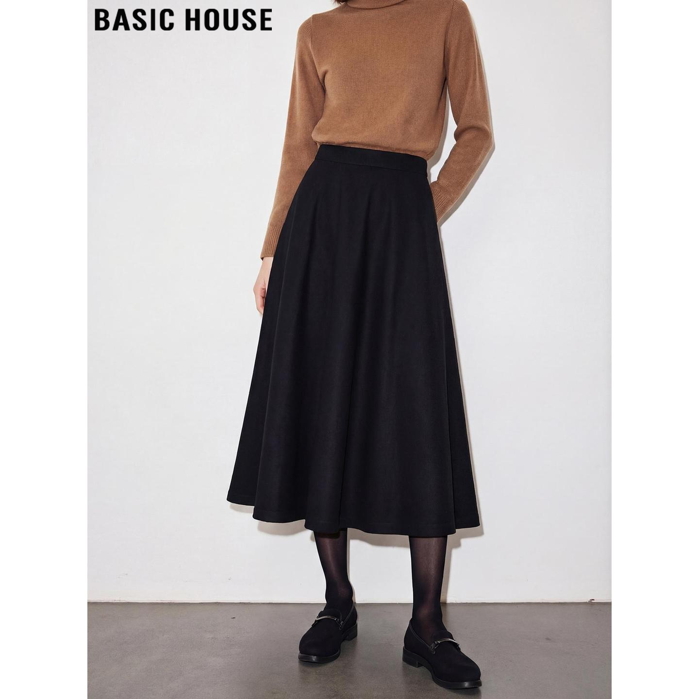 Basic House/百家好黑色西装半身裙女2026春季新款高腰a字中长裙