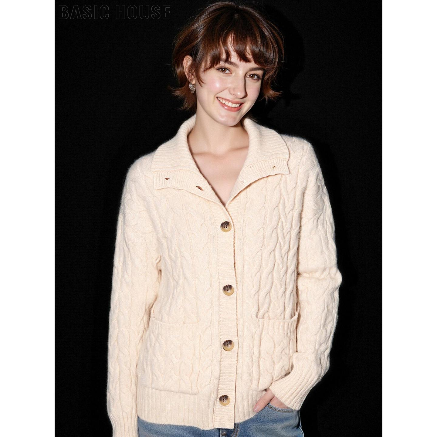 百家好米色100%羊毛慵懒毛衣外套