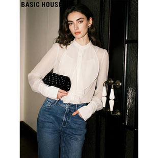 Basic House/百家好法式风荷叶边立领衬衫女2026春季新款别致小衫