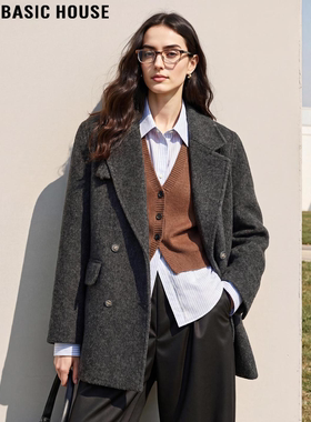 Basic House/百家好英伦风灰色毛呢外套女冬季中长款羊毛呢子大衣