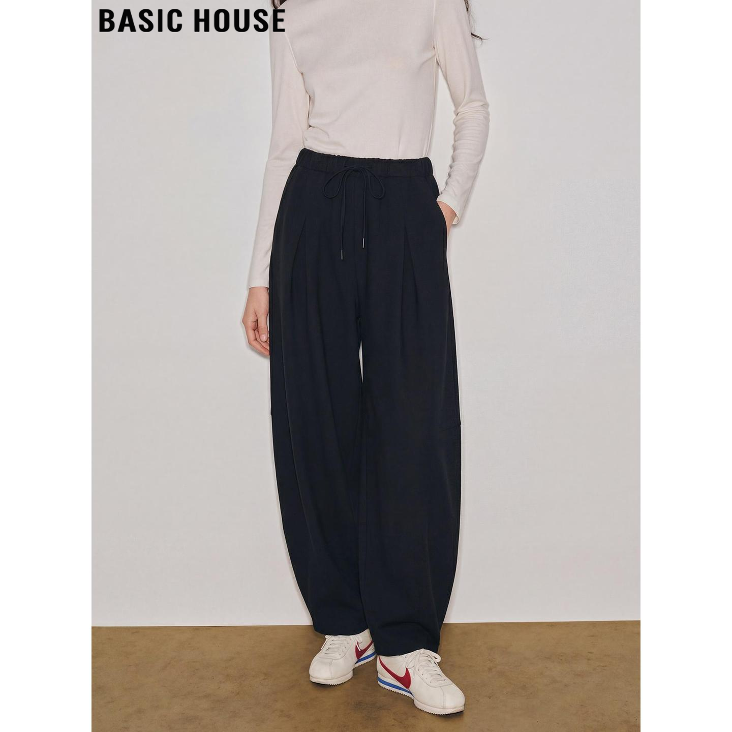 Basic House/百家好黑色阔腿运动裤女士春季高腰垂感宽松直筒卫裤