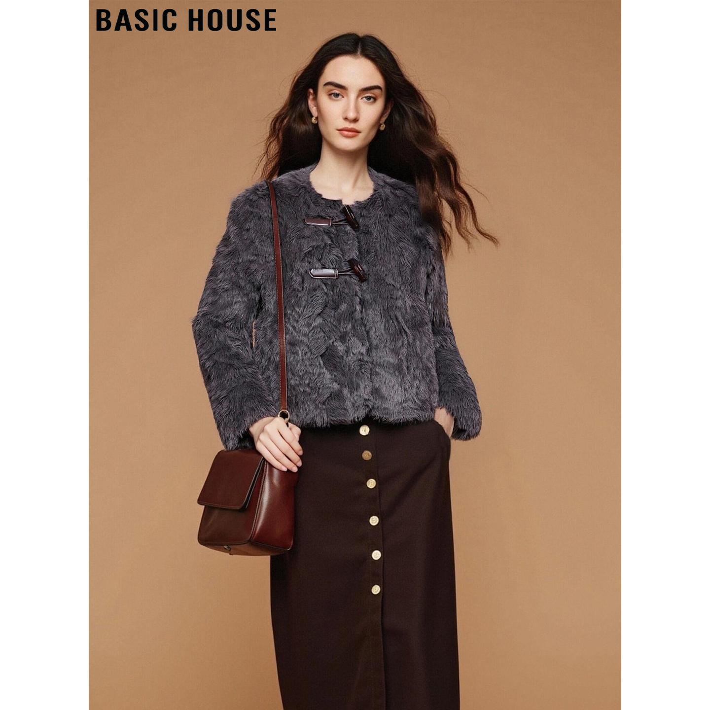 百家好灰色圆领短款环保皮草冬季