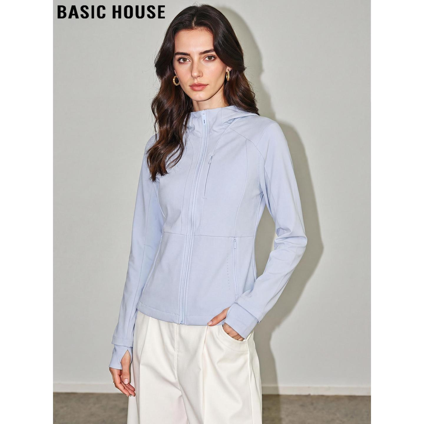 Basic House/百家好蓝色连帽防晒衣女2026春季新款修身透气薄外套,女装/女士精品,短外套,淘宝优惠券,粉丝福利购,淘宝优惠卷