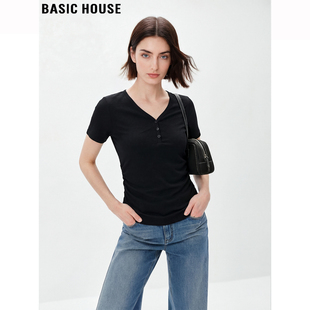 褶皱收腰正肩基础款 Basic T恤女夏季 百家好V领冰丝短袖 上衣 House