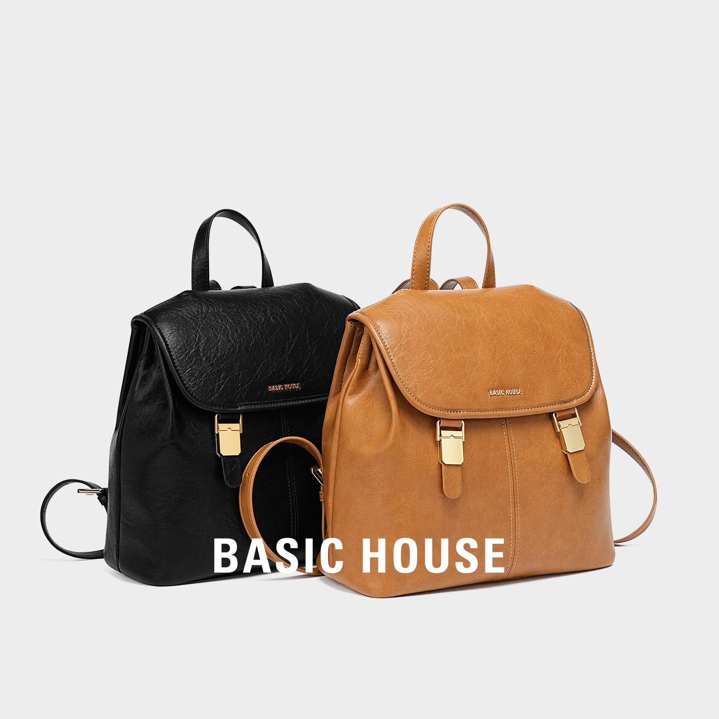 Basic House/百家好复古双肩包女通勤皮质学院风背包大容量旅行包