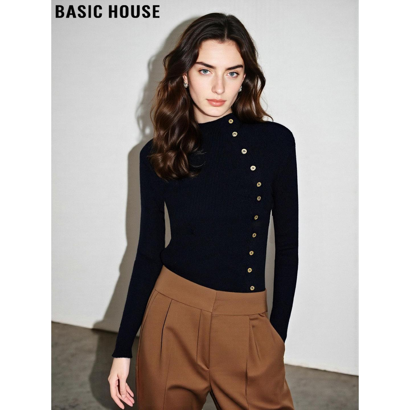 Basic House/百家好黑色半高领针织衫女冬季内搭设计感修身打底衫,女装/女士精品,毛针织衫,淘宝优惠券,粉丝福利购,淘宝优惠卷