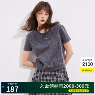 T恤女2025夏季 Basic 复古做旧圆领短袖 House 宽松上衣 百家好美式