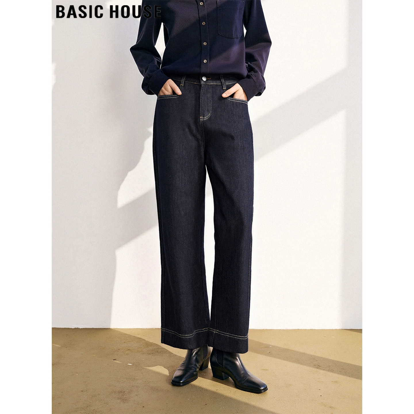 百家好丹宁蓝加绒卷边直筒牛仔裤