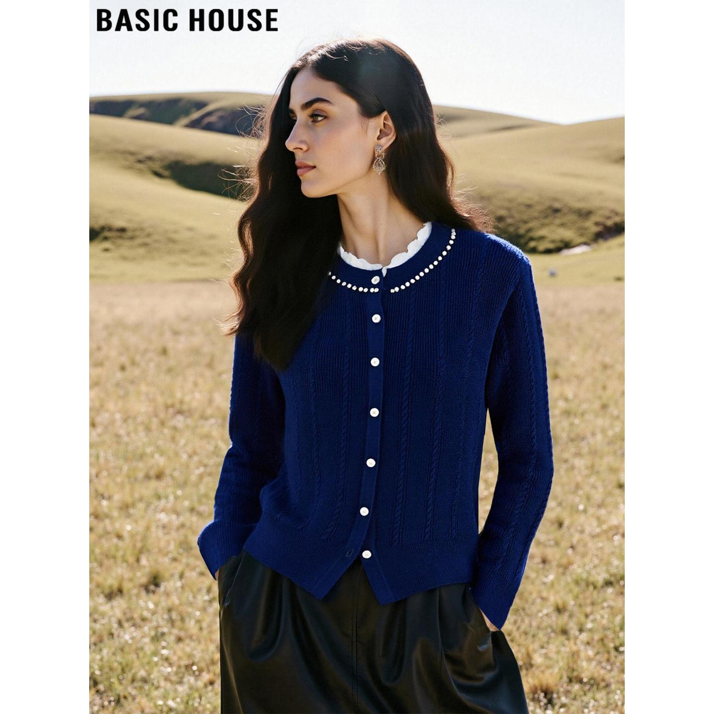 Basic House/百家好藏青色花边圆领针织衫女士冬季含羊毛软糯毛衣