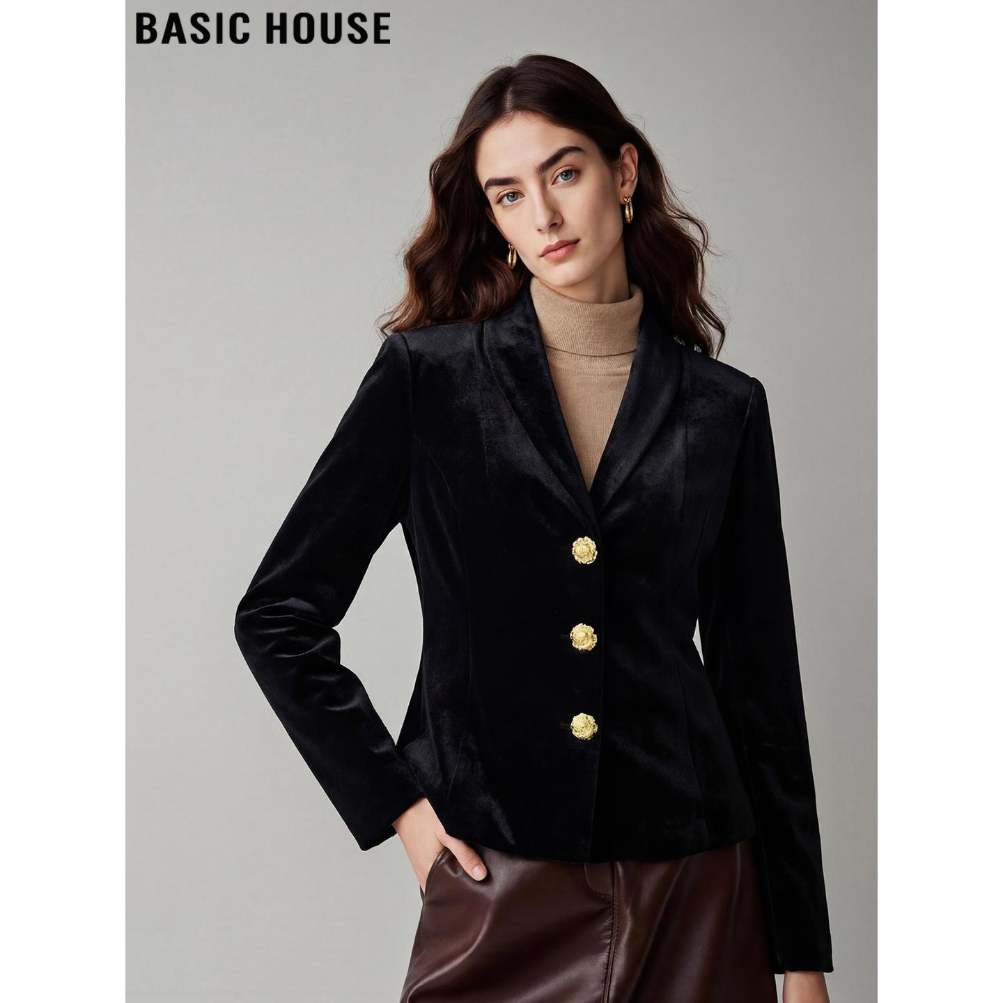 Basic House/百家好轻奢金丝绒西装外套女士2026春季新款气质西服