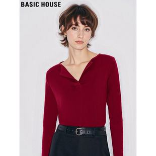 Basic House/百家好本命年红V领羊毛针织衫女冬修身软糯打底毛衣