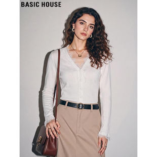 新款 Basic 女2026春季 百家好蕾丝拼接V领针织衫 设计感上衣 House