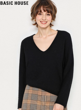 Basic House/百家好黑色羊毛V领针织衫女冬季内搭软糯毛衣打底衫