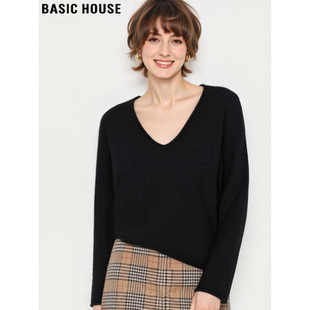 Basic House/百家好黑色羊毛V领针织衫女冬季内搭软糯毛衣打底衫