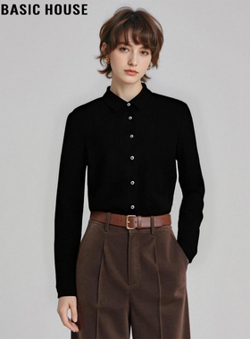 Basic House/百家好高级感黑色衬衫女2026春季新款单排扣叠穿衬衣