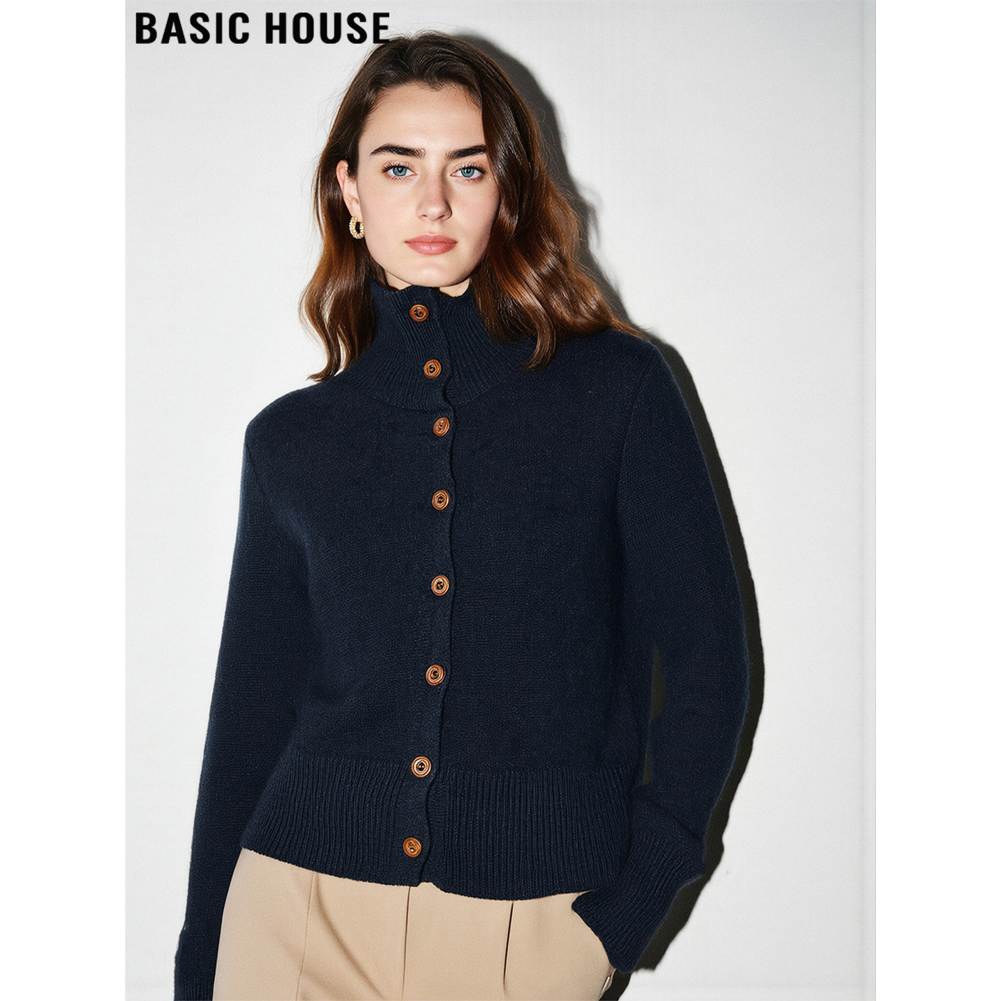 Basic House/百家好黑色高领羊绒针织开衫女冬季加厚羊毛毛衣外套