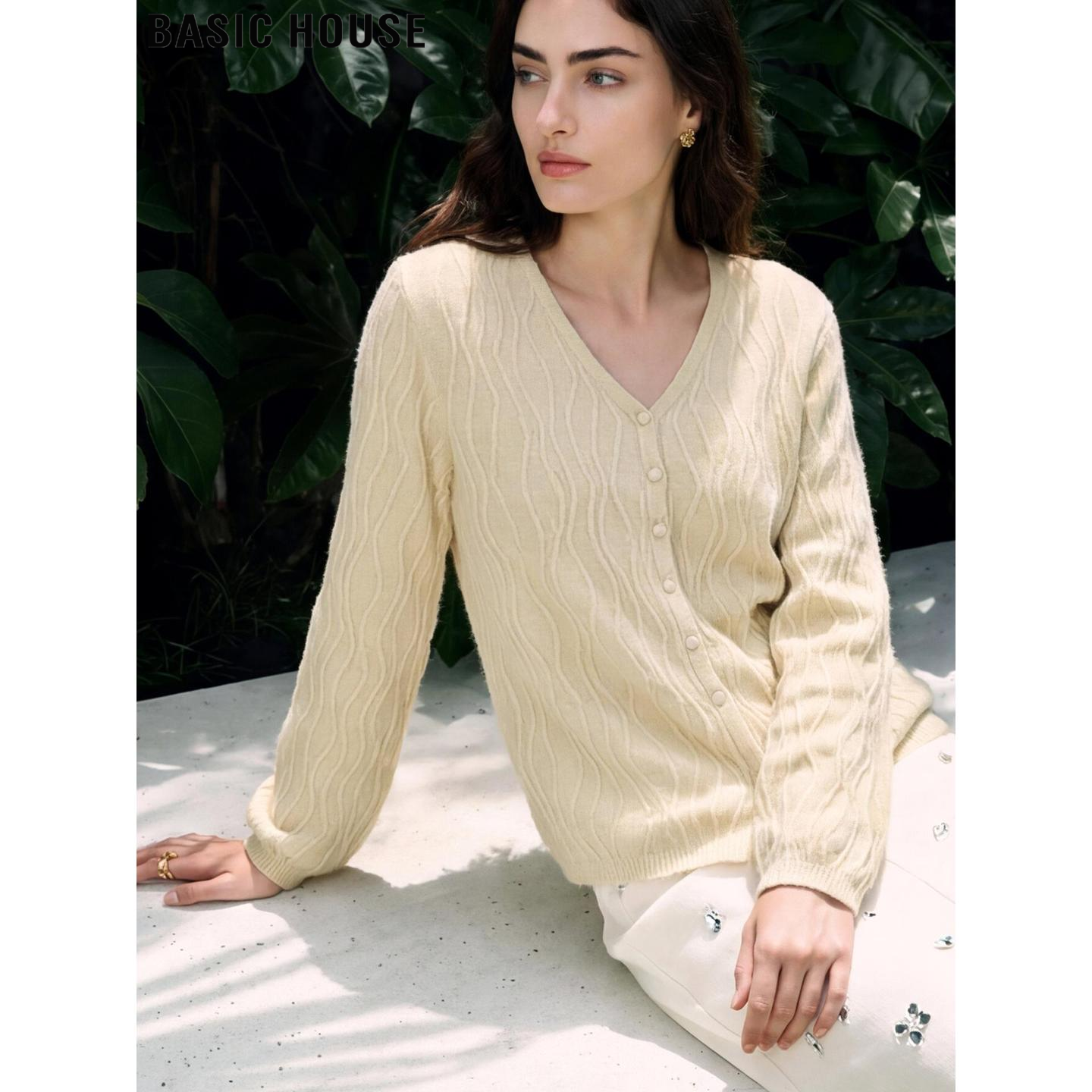 Basic House/百家好温柔风V领针织开衫女2026春季新款波浪纹毛衣,女装/女士精品,毛针织衫,淘宝优惠券,粉丝福利购,淘宝优惠卷