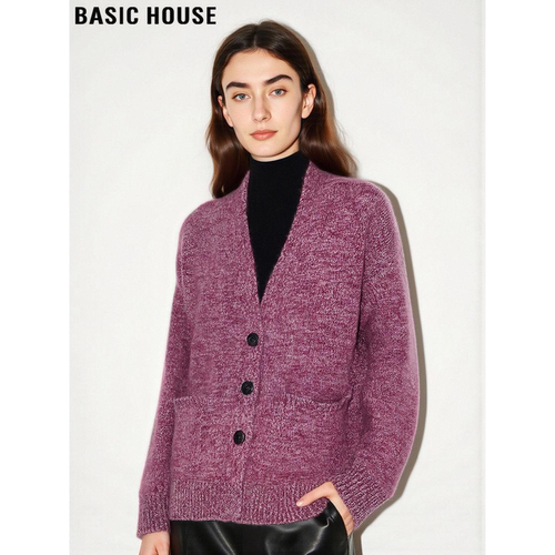 树莓色V领羊绒衫针织毛衣外套女