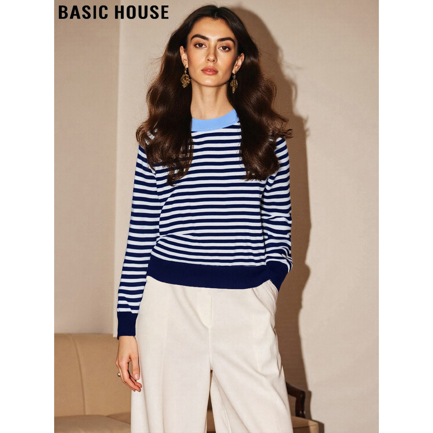 百家好蓝色条纹毛衣女含羊毛上衣