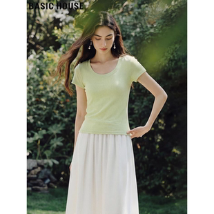 House 法式 百家好绿色U领修身 T恤女士夏季 优雅纯色上衣 短袖 Basic