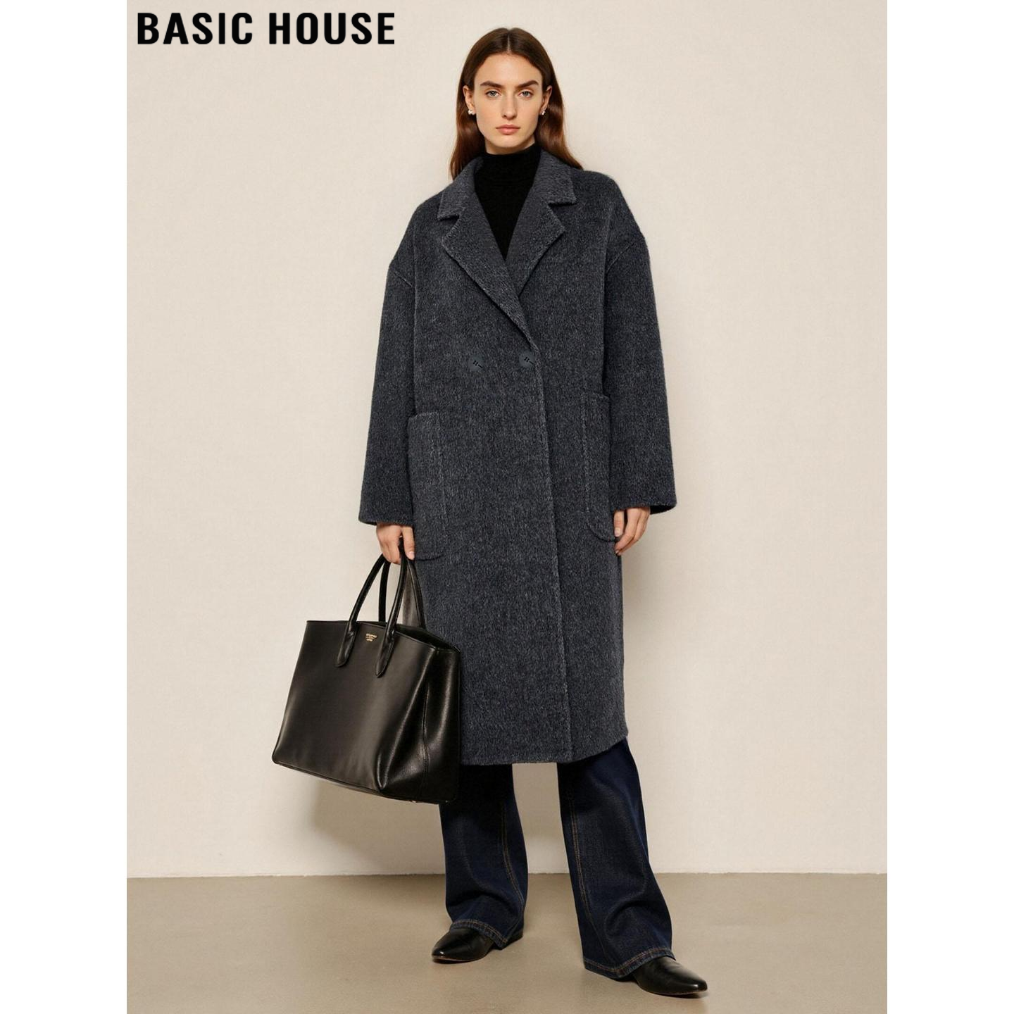 百家好高级感中长款灰色毛呢外套