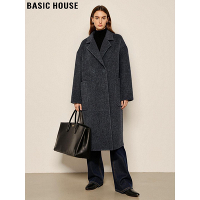 百家好高级感中长款灰色毛呢外套