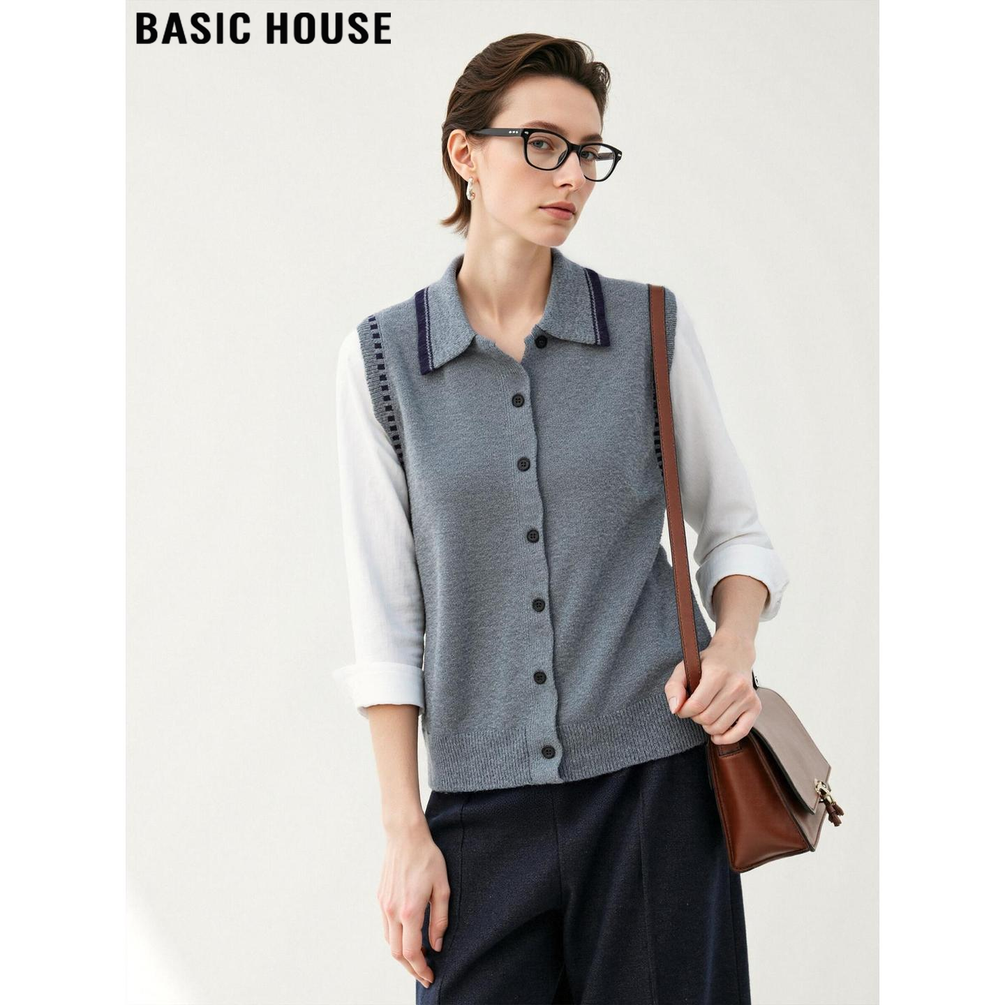 撞色假两件polo领针织衫软糯毛衣