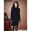 高级感加绒加厚中长裙 百家好黑色半高领连衣裙女冬季 Basic House