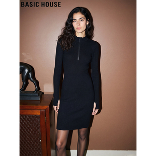 Basic House/百家好黑色半高领连衣裙女2026春季新款高级感中长裙