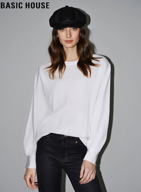 Basic House/百家好白色圆领长袖T恤女2026春季新款通勤内搭上衣