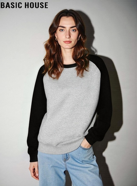 Basic House/百家好撞色插肩袖圆领卫衣女冬季大码宽松加厚打底衫