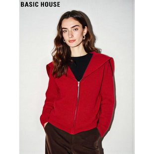 Basic House/百家好新年红色拉链毛衣外套女冬季100%羊毛针织开衫