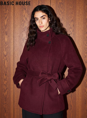 Basic House/百家好红色羊毛呢大衣女冬高级感中长款加厚毛呢外套