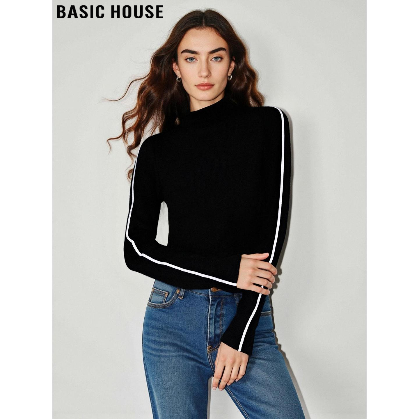 高级感黑色撞色高领针织打底衫女
