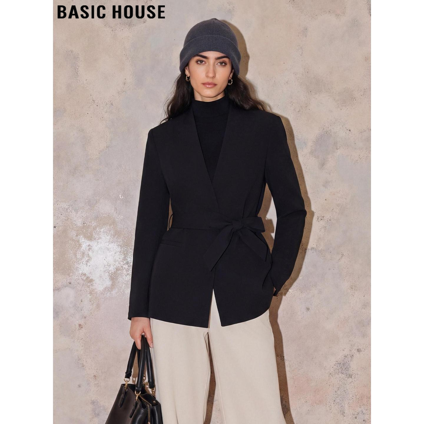 Basic House/百家好黑色V领西装外套女士冬季高级感系带收腰西服