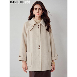 Basic House/百家好米色翻领毛呢外套女士冬季小个子羊毛呢子大衣