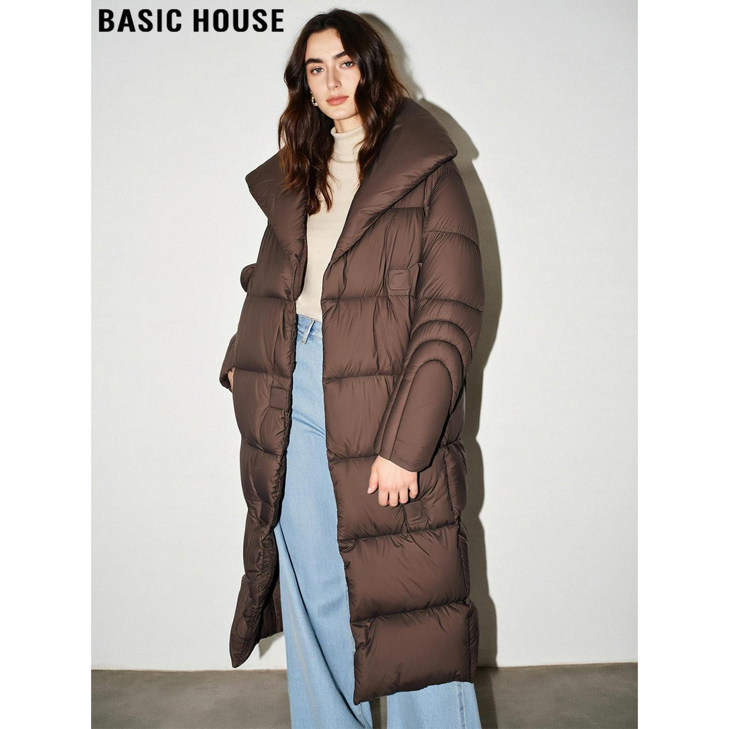 百家好咖色90白鸭绒长款羽绒服女