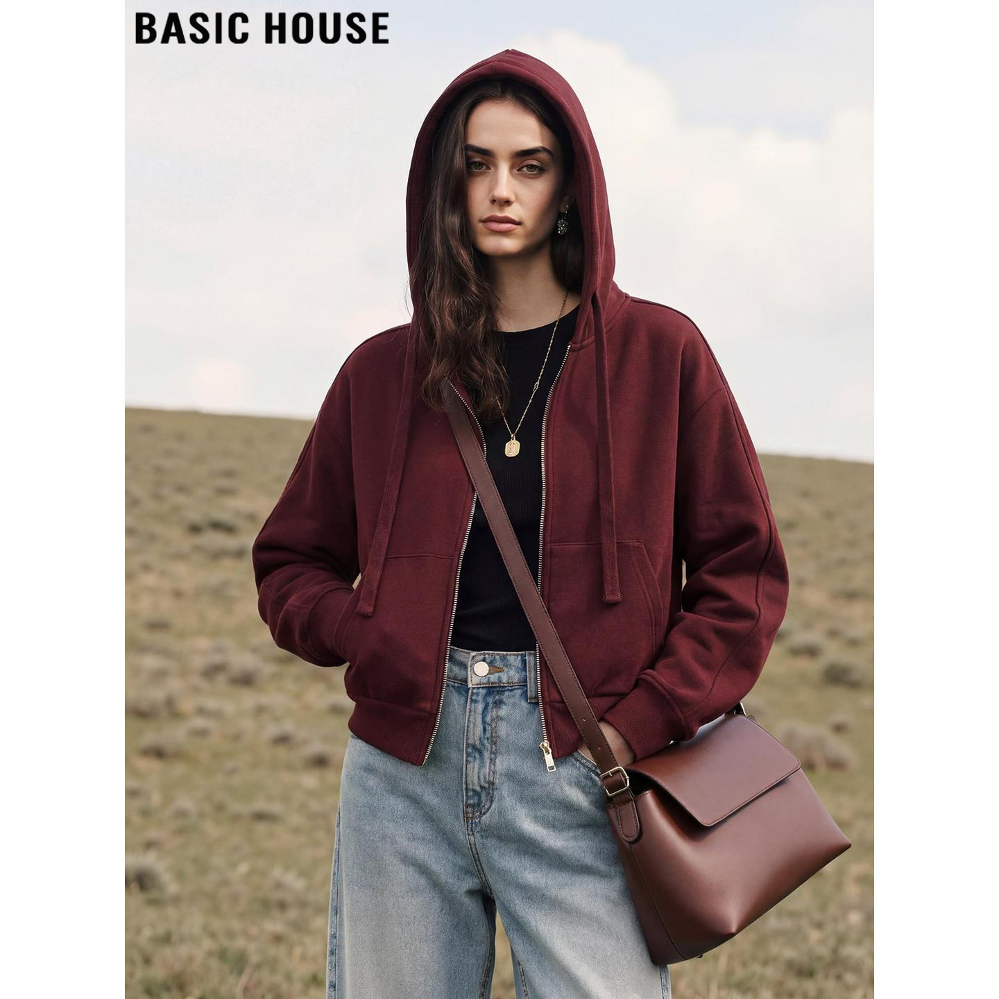 Basic House/百家好慵懒风红色连帽卫衣拉链外套女士2026春季新款