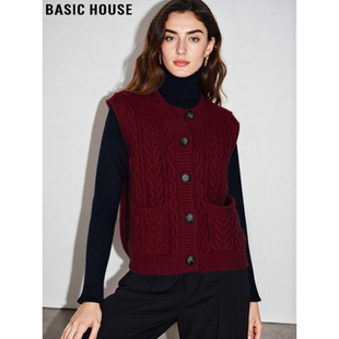 Basic House/百家好新年红麻花羊绒马甲女士冬季叠穿软糯针织背心
