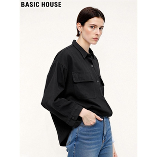 Basic House/百家好黑色设计感长袖衬衫女2026春季新款POLO领衬衣