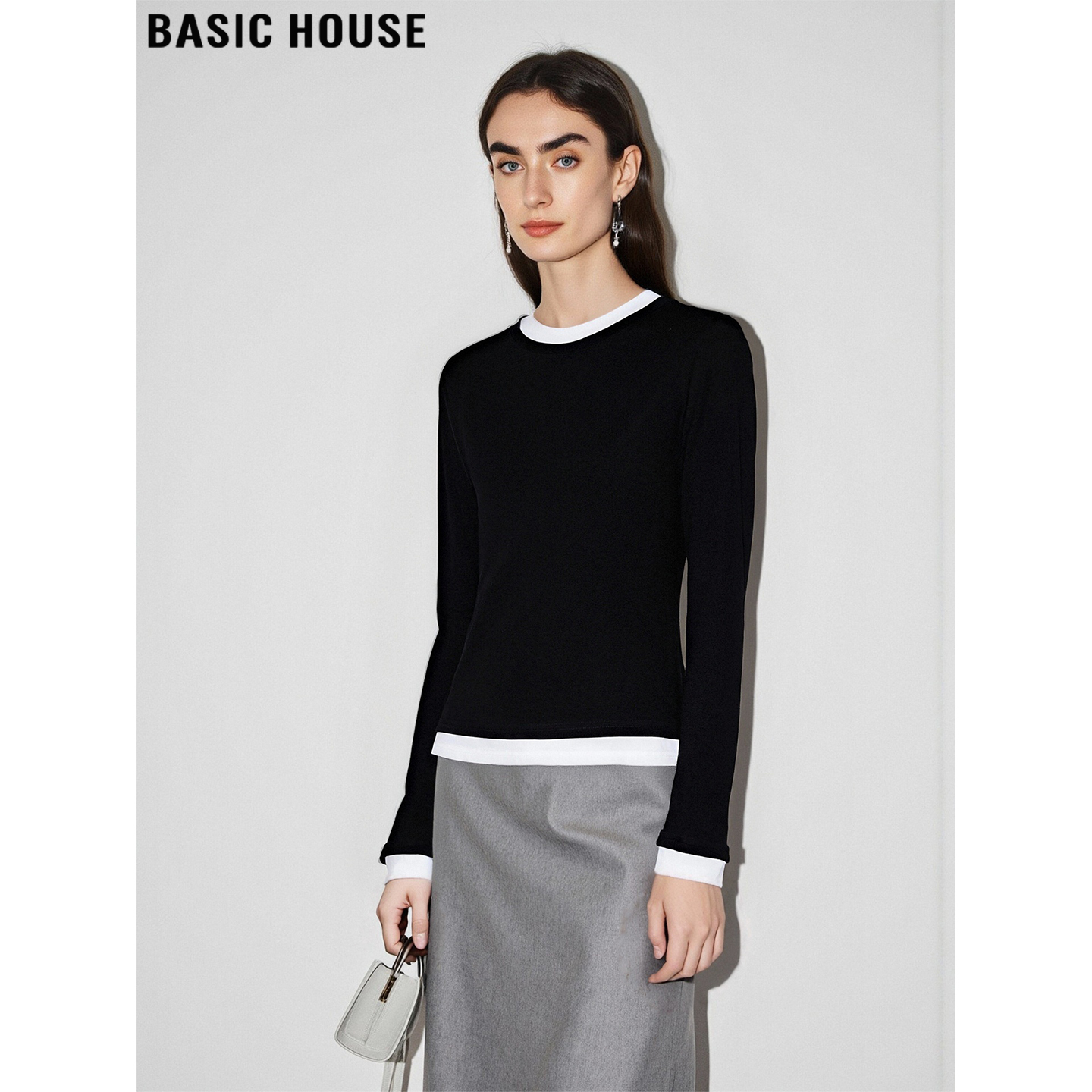 黑色拼接长袖T恤百搭打底上衣