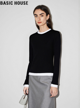 Basic House/百家好黑色拼接长袖T恤女2026春季新款百搭打底上衣