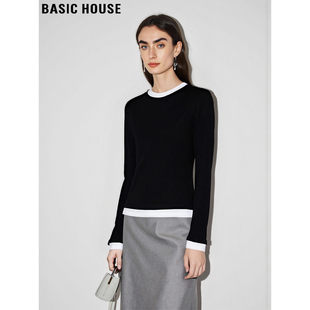 新款 Basic T恤女2026春季 百家好黑色拼接长袖 百搭打底上衣 House
