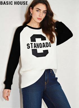 Basic House/百家好撞色字母印花长袖T恤女冬季减龄圆领内搭上衣