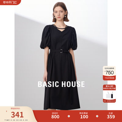 Basic House/百家好异质拼接连衣裙女2024夏季新款收腰v领小黑裙