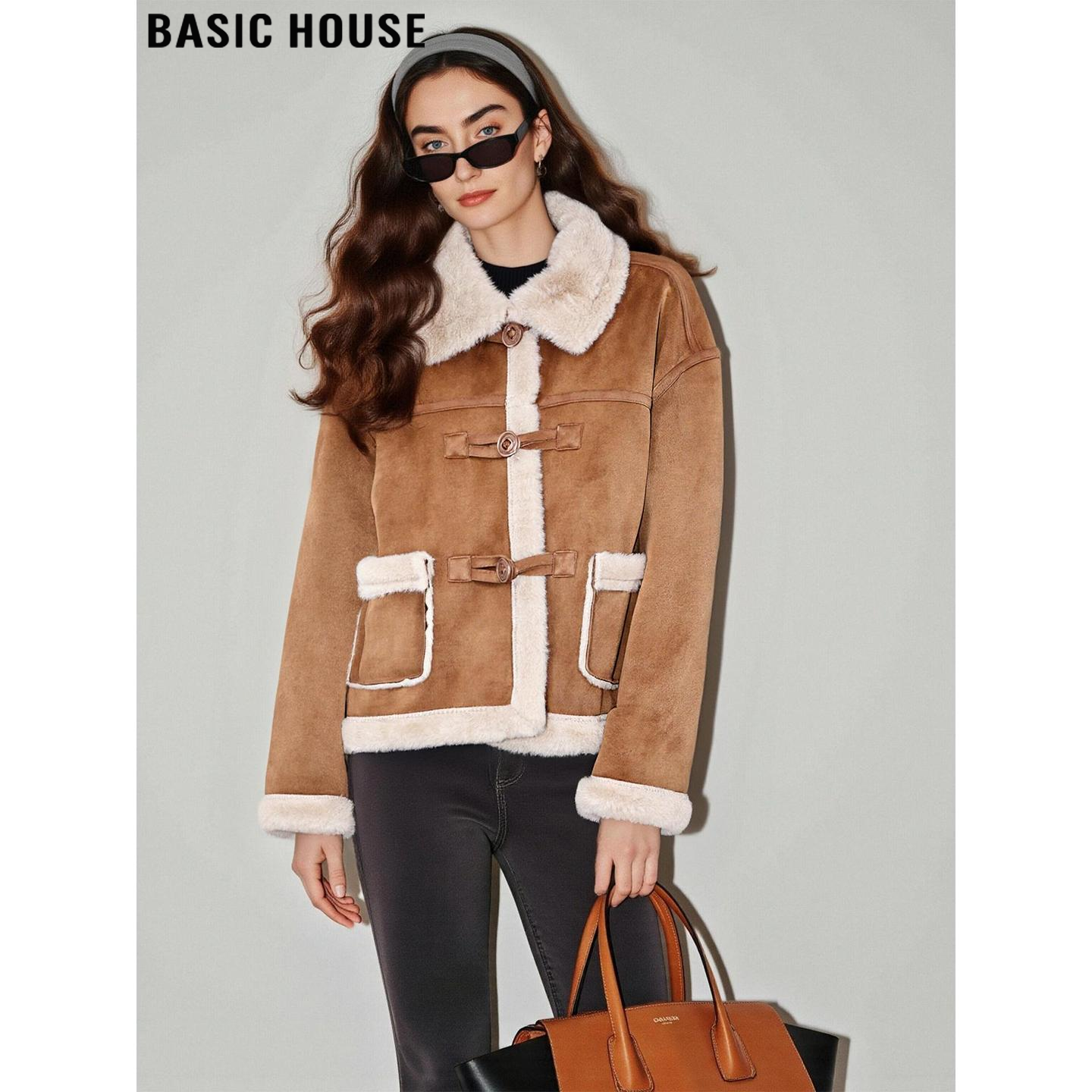 Basic House/百家好皮毛一体毛茸茸加绒外套机车服夹克女2025冬季,女装/女士精品,短外套,淘宝优惠券,粉丝福利购,淘宝优惠卷
