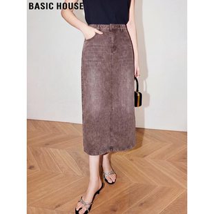 Basic House/百家好复古咖色牛仔半身裙女2026春季新款高腰A字裙
